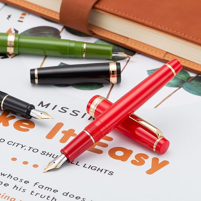 Jinhao 82 Black Acrylic Fountain Pen, Iridium Extra Fine Nib Classic Design Smooth Writing Pen with Ink Converter (Gold Trim)