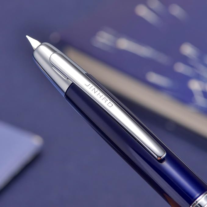 Jinhao 10 Press Fountain Pen with Box, Dark Blue Retractable Fine Nib with Ink Converter Set (Silver Clip)