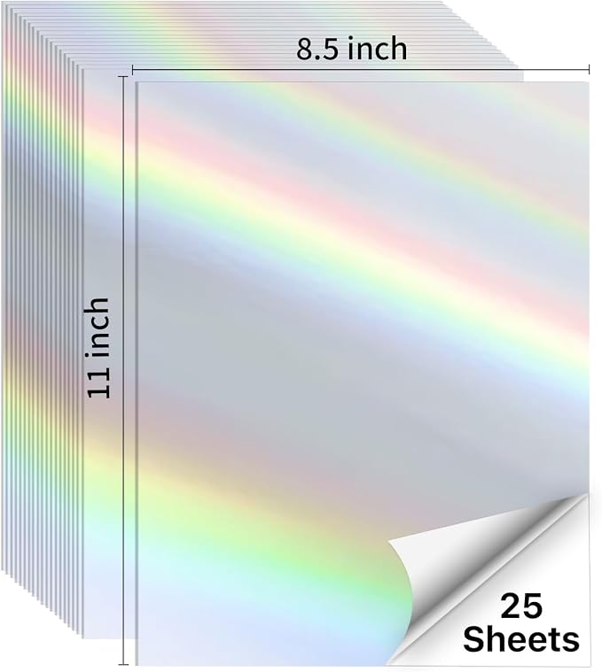 STARLIBOO 25 Sheets Holographic Sticker Paper for Inkjet&Laser Printer, Printable Vinyl Sticker Paper Waterproof Self-Adhesive (8.5" x 11"- Laser Tilted Light Beam)