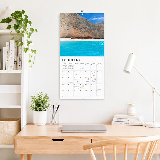 SUNEE Calendar 2026-2027 for Wall, 2027 Large Wall calendar 12x12 Inches with 16 Months from September 2026 to December 2027, Thick Glossy Paper, 12" x 24" (Open), Beaches