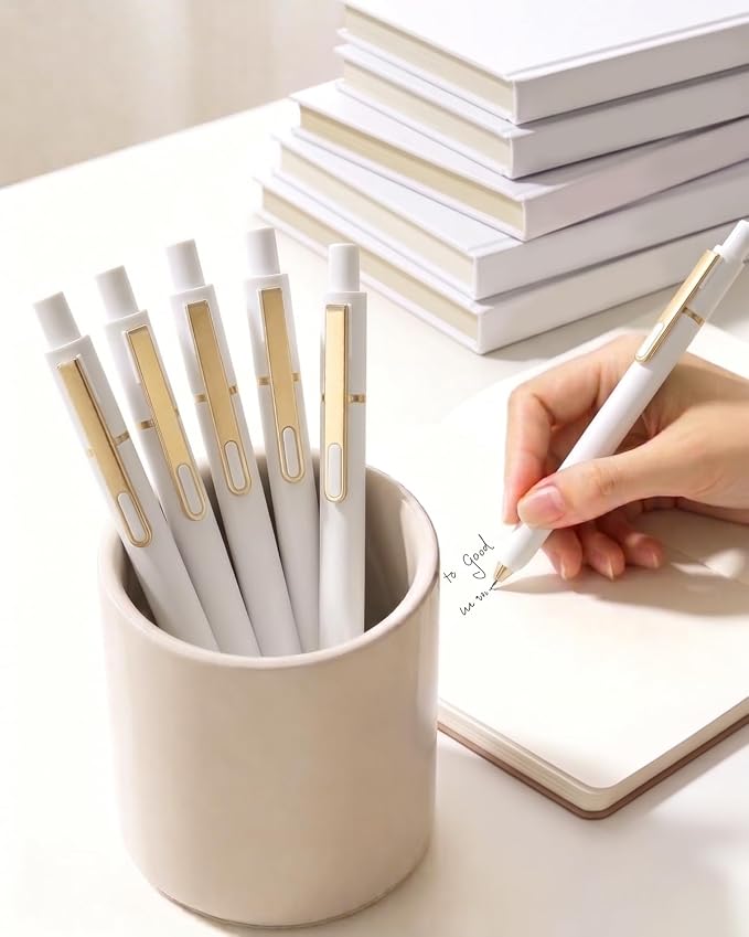 SUNEE Gel Pens, 6 Pack 0.5mm Pens Fine Point Smooth Writing Pens with Quick-Dry Black Ink, Cute Aesthetic School Office Note-Taking Pens for Journaling - White