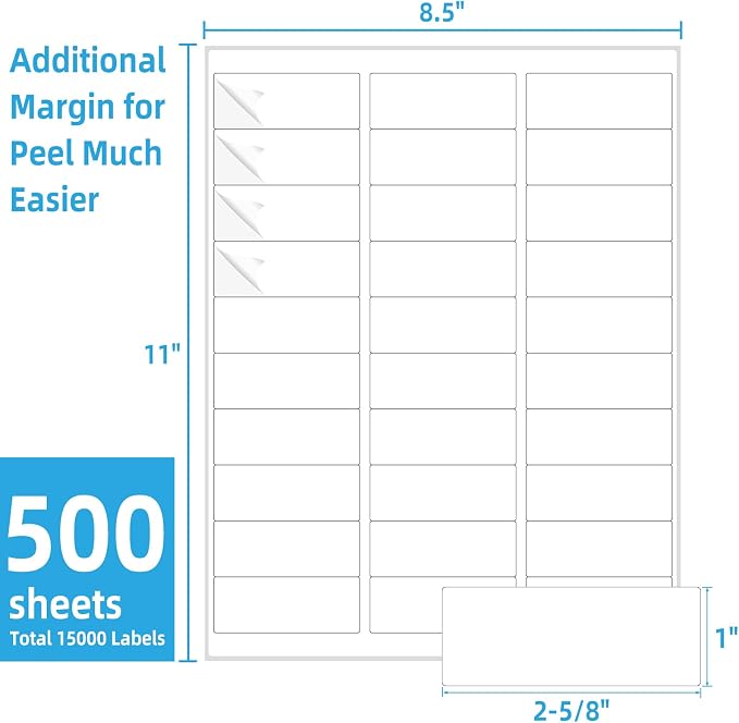 THEBLUETOUCH 15000 pcs Matte White Address Printable Labels, 1" x2-5/8 | 500 Sheets, 30 Labels Per Sheet, Blank Mailing Stickers, Compatible with Laser and Inkjet Printers for Shipping Address Use