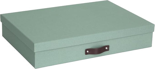 Bigso Sverker Fiberboard Document Storage Box with Lid for A3 and Legal Size Papers, Magazines, and Art - Sturdy, Stackable Keepsake Box with Leather Handle - W17.1in x D12.2in x H3.3in - Soft Teal