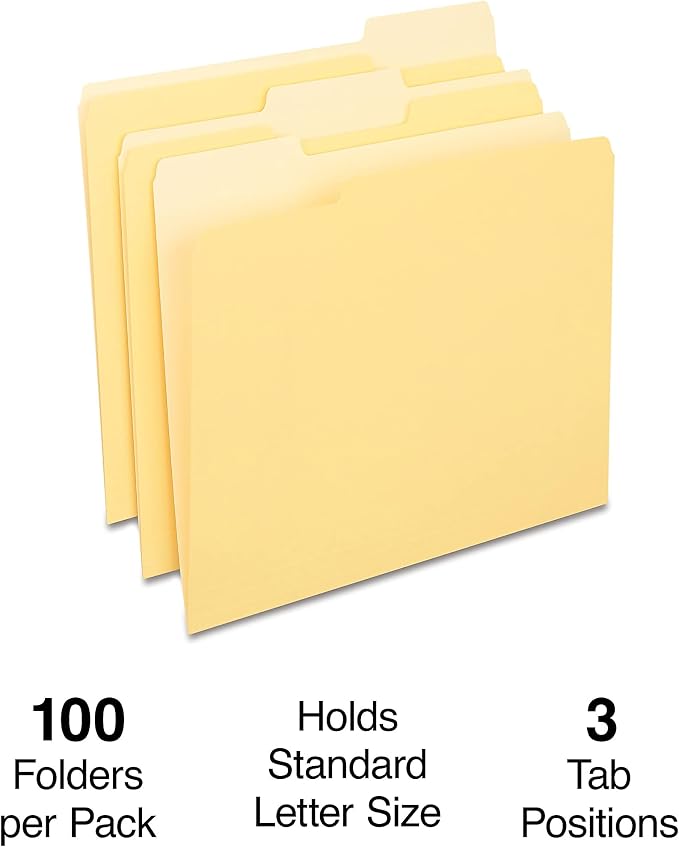 Staples File Folders, Letter Size, 1/3‑Cut Tabs, Yellow, Durable Paper Stock, 200/Carton