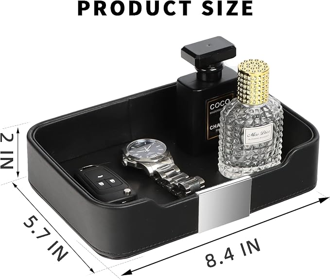 SANZIE Luxury Leather Tray Organizer Valet Tray Key Tray for Entryway Table Desktop Storage Catchall Tray Decorative Tray for Jewelry Keys Wallet Phone Watch (Metal Silvered, Black)