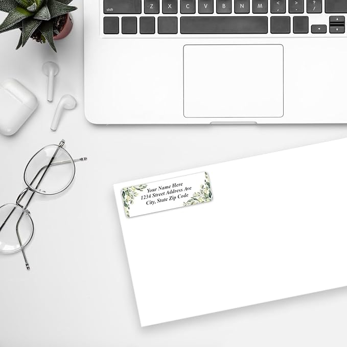 Personalized Return Address Labels Corner Leaves - Custom Mailing Labels/Stickers for Envelopes, Easy Peel and Stick, Permanent Flat Sheet Rectangle Labels (White) Made in The USA (60)