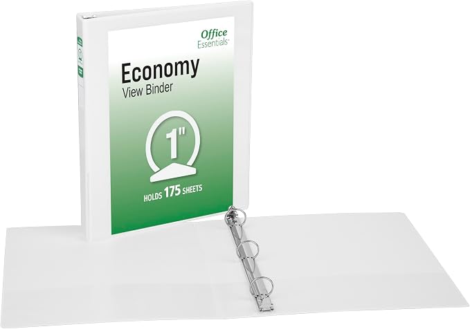 Office Essentials Economy View 3 Ring Binders, 1" Round Rings, 1.4" Spine, 175-Sheet Capacity, White Binders (12-Pack of 03424)