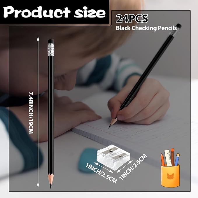 24PCS Erasable Colored Pencils with Eraser Pre Sharpened Pencil 2 HB - Ideal for Checking, Grading, Tests & Office/School Supplies (Black)