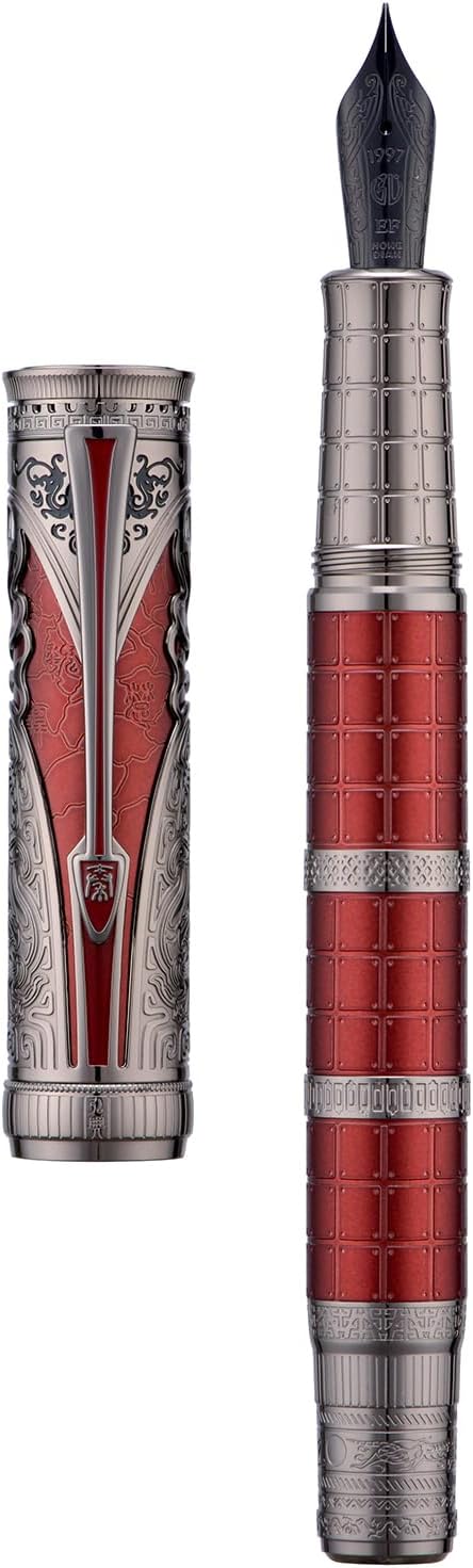 Hongdian D5X Fountain Pen Red Color Extra Fine Nib, Qin Dynasty Retro Chinese Totem Engraving Smooth Writing Pen with Converter and Pen Box Set