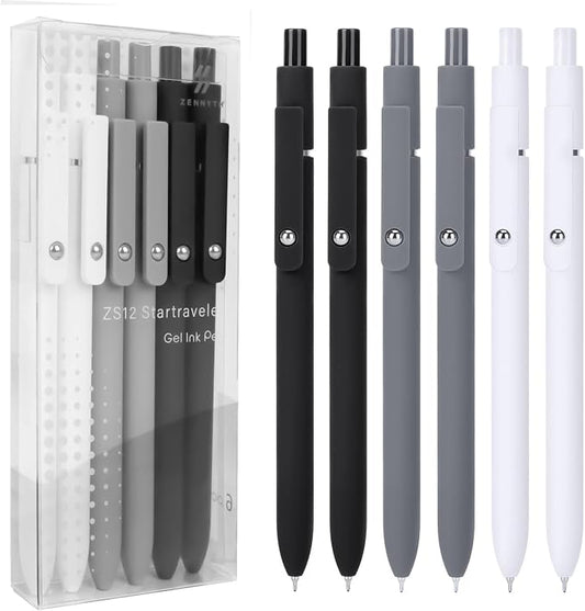 FIOVER Gel Pens, 6pcs 0.5mm Fine Point Black Ink, Smooth Writing Pens for Journaling, Nurse Aesthetic Cute Office School Supplies, Gifts for Women and Men(6Pcs Black White Grey-Black Ink)