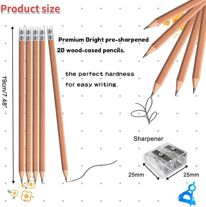 Adhere 25pcs Woodcase Pencils with Eraser Premium Pre-Sharpened Hexagon Graphite 2B pencils ideal for home, office writing including a Free Sharpener (Nature wood・25pcs)