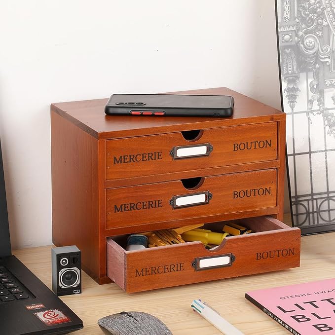 Small Wooden Drawers Wooden Box with Drawer Brown | 3 Drawer Storage Box for Apothecary Cabinet, Apothecary Drawers，Desktop Organizer with Metal Handles for Office，Home