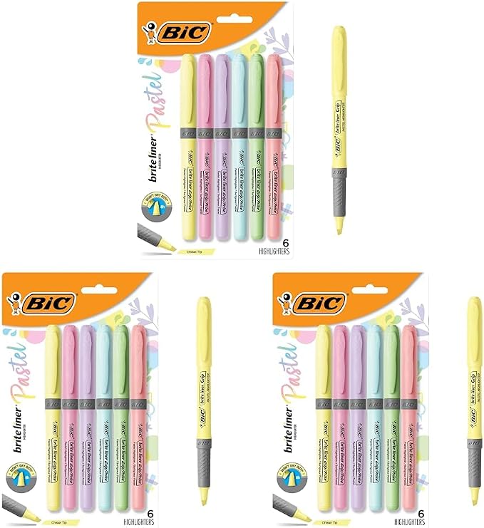 BIC Brite Liner Grip Pastel Highlighter Set, Chisel Tip, 6-Count Pack of Pastel Highlighters in Assorted Colors, Cute Highlighters for Bullet Journaling, Note Taking and More (Pack of 3)