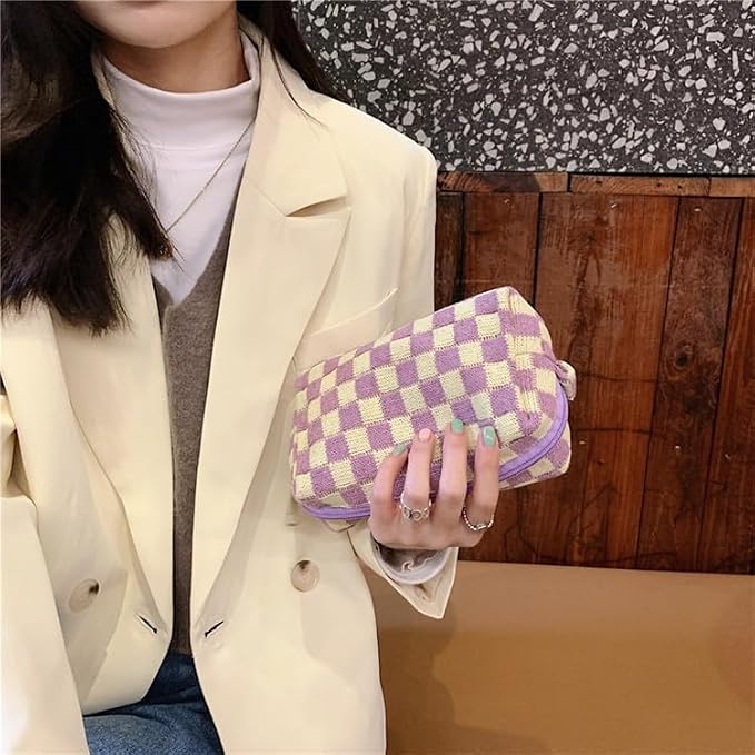 Checkered Makeup Bag for Purse, Small Travel Cosmetic Pouch,Purple,2 Pack | Cute Zipper Makeup Organizer for Women, Travel Essentials, Toiletries, Makeup Brushes, Beauty Accessories&Bridesmaid Gifts