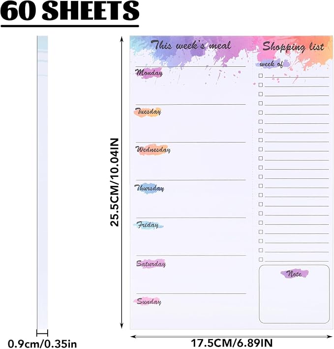 Thboxes 60 Sheets Weekly Meal Planner for Fridge, Grocery List Magnet Pad | Colourful Ink, 7 x 10 In, Undated Menu Layout, Tear Off Shopping List for Meal Planning, Kitchen, Families, Parents, Home