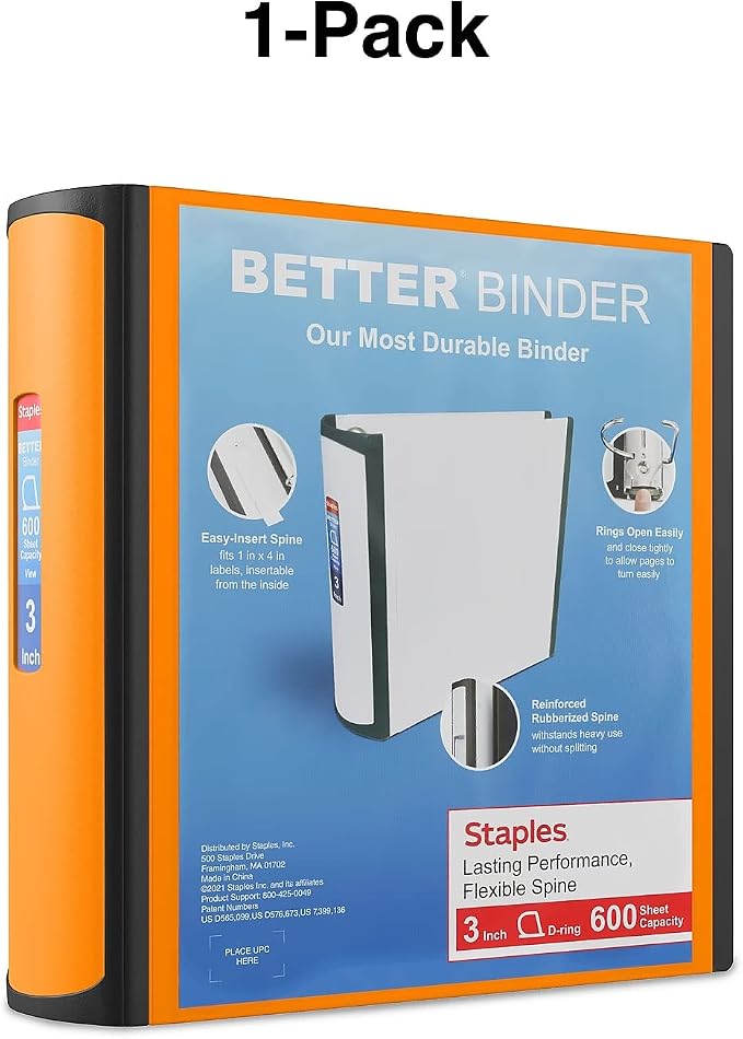 Staples Better Binder 3 Inch 3-Ring Binder, Orange, Wide Spine View Binder with Locking Rings, Durable Office Binder, 2 Pack