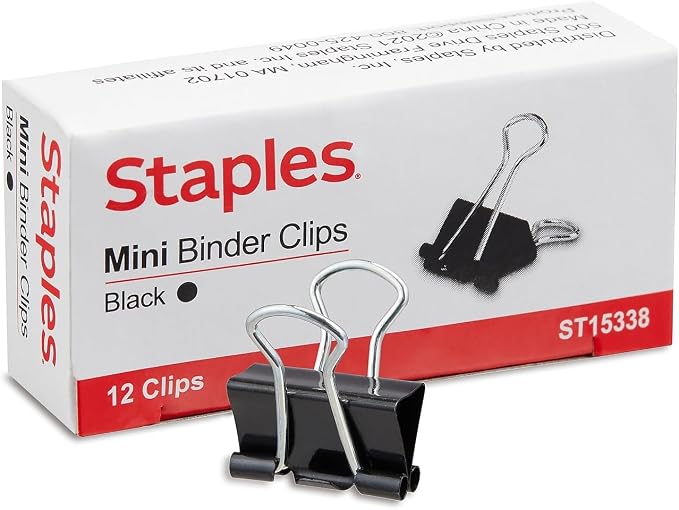 Staples Mini Binder Clips, 0.25" Capacity, Black, 144 Pack – Extra‑Small Clips for Receipts, Labels & Paper Sorting