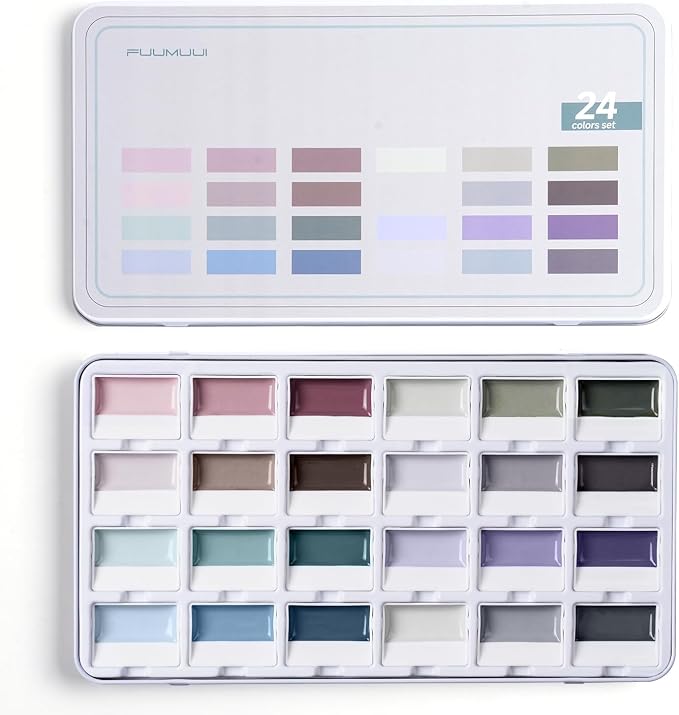 Fuumuui Watercolor Paint Set - 24 Color Opaque Semi-Solid Watercolor, Muted Gray Tones Sets Professional Adult Beginner Artist Supplies for Realistic Landscape Hobbyists Art Painting