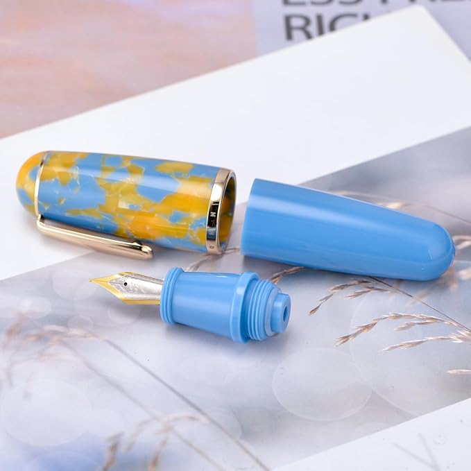 Lanxivi Majohn Q1 Fountain Pen Medium Nib Sky Blue Acrylic, Little Fat Man Eyedropper Filling Pocket Pen Large Capacity