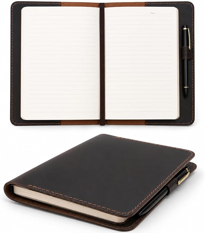 Full Grain Leather A5 Journal Cover for 5.75 x 8.25 in Hardcover Notebook, Refillable Leather Notebook Cover with Pen Loop, Compatible with Leuchtturm1917, Moleskine & A5 Planners, Handmade (Dark Brown)