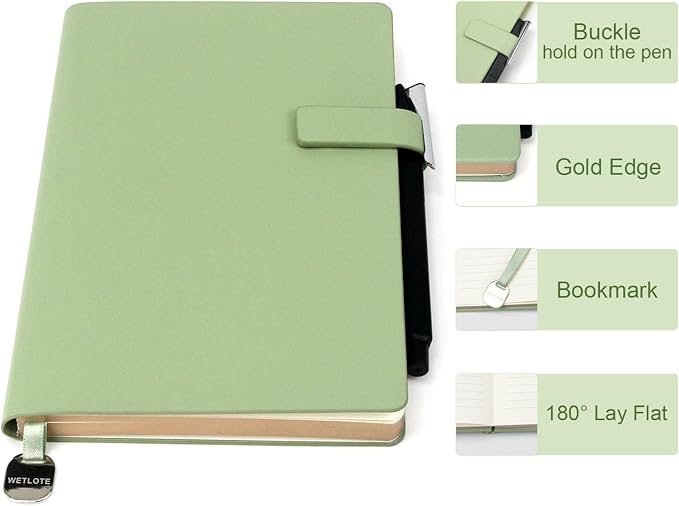 A5 Soft Cover Lined Notebook, Pen Holder & Gold Edges, 180° Lay Flat Journal, Large 5.7 x 8.4 in, Bookmark & Gift Box, Business Notebook for Work, Study, Travel(Grass Green)