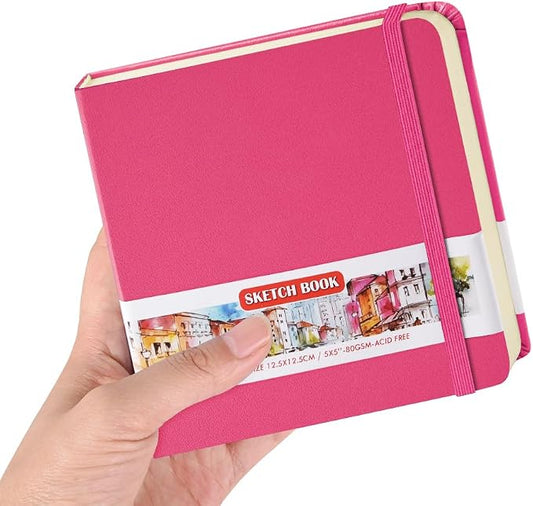5x5" Pocket Sketch Book,80gsm Hardcover Art Sketchbook for Drawing Journal | PU Cover,Blank Paper,96Sheets/192Pages,Lay-Flat,Portable Travel Creation Paint Diary Memo Planner,Dry Media.Rose Pink