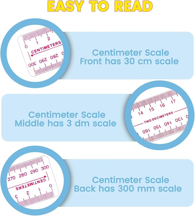 6 Pack 12 Inch Clear Plastic Metric Rulers with Centimeter Millimeter 3 Scales Straight Ruler for Classroom Measuring Tools for School Designer Architect and Engineer Back to School Supplies