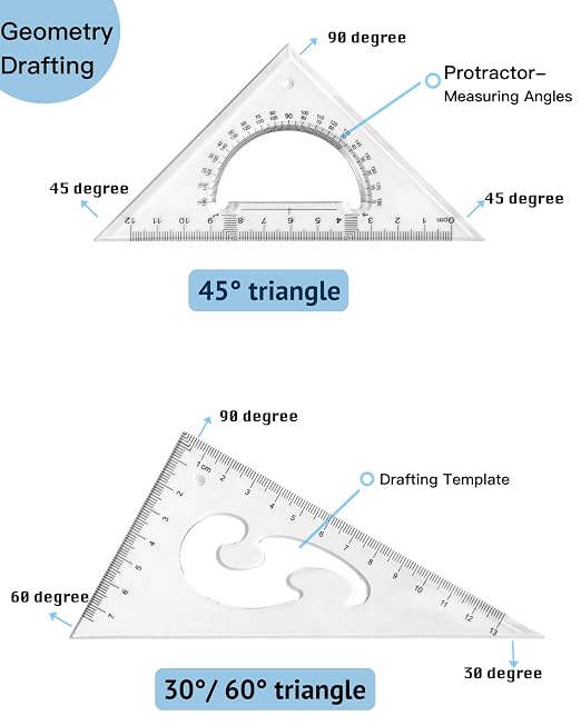 Clear Plastic Triangle Ruler Set, Small Math Geometry Square (45 & 30/60 Degrees) with Built-in Protractor & French Curve, Metric cm/mm, Back to School Supplies