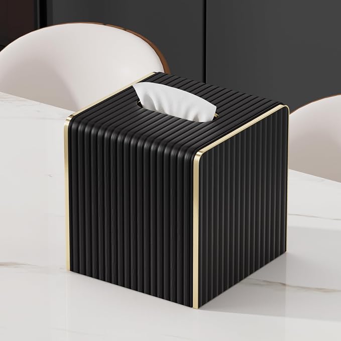 Tissue Box Cover,Black Square Luxury PU Leather Tissue Holder with Gold-Tone Edging Accents,Tissue Box Cover for Bathroom Toilet Bedroom Living Room Table Desk Office,Coffee Table Decor