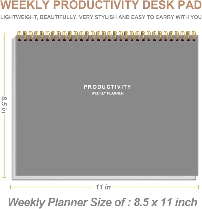 Weekly Productivity Planner - 8.5" x 11" Dashboard Desk Notepad Has 6 Focus Areas to List Tasks for Goals, Projects, Clients, Academic or Meal-Organize Your Daily Work Efficiently, 54 Weeks, Grey