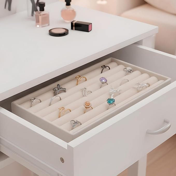 8 Pcs Velvet 7 Slots Ring Earrings Trays Showcase Display Jewelry Organizer Ring Holder Display Tray for Selling Rings Earrings Show (Beige)