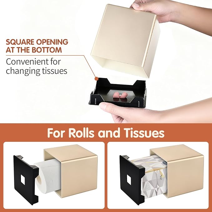 Y-in Hand Tissue Box Cover, Decorative Modern Square Facial Storage Tissue Box Holder, Home Accessories for Bathroom Vanity Countertops, Dressers, Night Stand, Parlors and Office - Champagne Gold