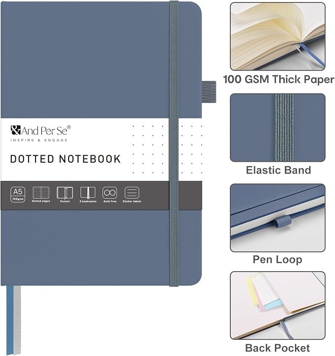 &And Per Se Dotted Journal – A5 Hardcover, Dot Grid Notebook for Planning & Journaling, 160 Pages 100gsm Paper, Stickers - 5.7”x8” (Dark Blue)