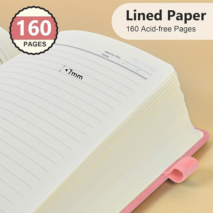 PERCUN A5 Leather Notebook Journal, 160 Lined Pages, 5.9" x 8.5" Pink | Leather Journal for Men Women, Hardcover Notebooks for work, school, business, travel diary, Note taking & Daily Journaling