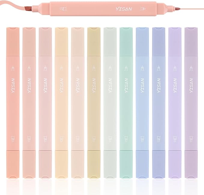 YISAN Pastel Highlighter Pens, 12 Colors | Double Tip, Bible Highlighter Markers, No Bleed, 70924