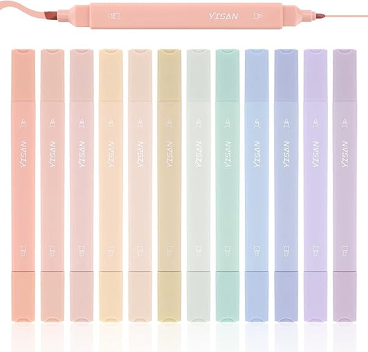 YISAN Pastel Highlighter Pens, 12 Colors | Double Tip, Bible Highlighter Markers, No Bleed, 70924
