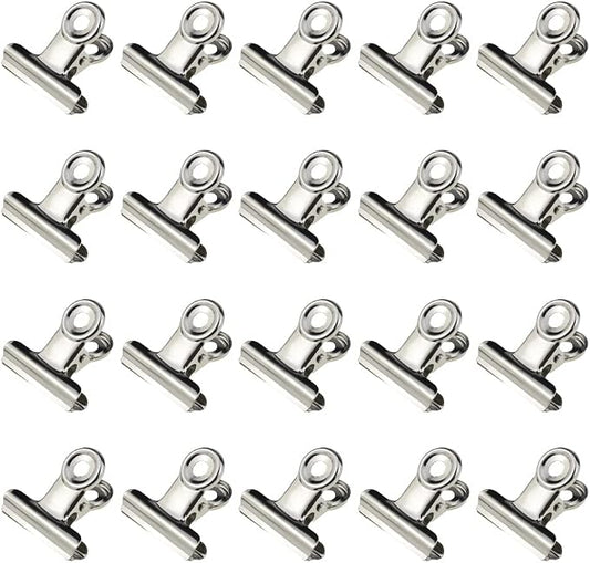 HAHIYO 1.25inch Silver Bulldog Clips Metal File Hinge Binder Clips Clamps Save Space Strong Spring Jaws Rock Solid Grip Book Lay Flat Deburred Edge for Hang Photos Wall Grid Dog Food 20PCS