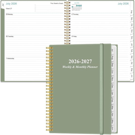 2026-2027 Planner - Planner 2026-2027 from July 2026 to June 2027 with 12 Monthly Tabs, Flexible Cover, Inner Pocket, 8.5" x 11", Green-B
