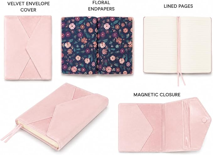 WORLD TRAVELER Eccolo Lined Journal Notebook, Velvet Hardcover, 256 Ruled Pages of Acid-Free Ivory Color Paper, Magnetic Flap Closure, 3 Bookmarks, Size 6X8, 6X8 Pink | Ivory Acid-Free Ruled Paper, 3 Sewn-In Bookmarks, Lay-Flat Design, Stitched Spine, ...