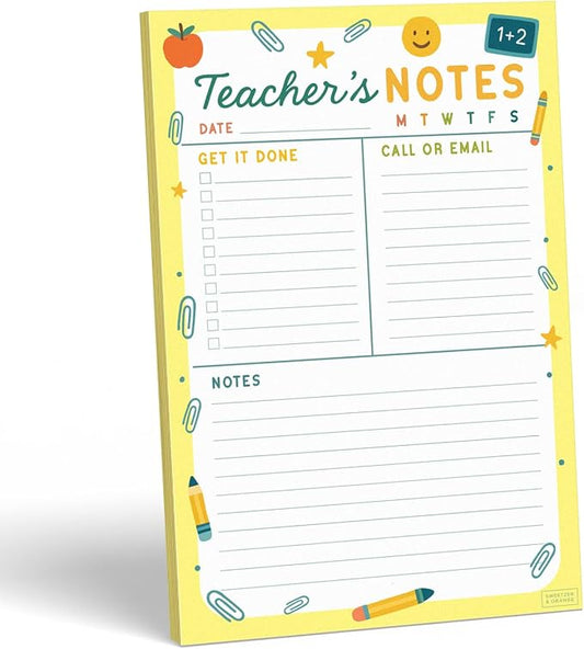 Sweetzer & Orange Teacher Planner Pad – Weekly Undated Lesson Planner for Teachers – 60 Tear-Off Sheets – 9” x 6” Compact Desk Notepad with Notes and Contact Section – Bright Yellow Border