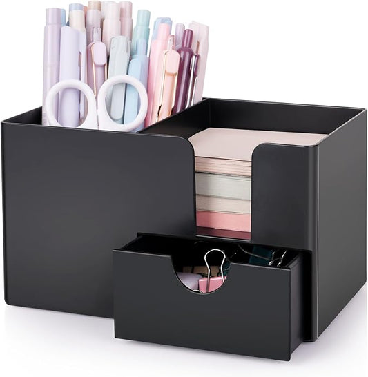SKYDUE Small Desk Organizer with Drawer | 3 Compartments, Desk Pen Holder, For Home, School, Office & College Dorm Room