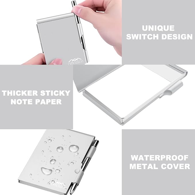 amassan Metal Pocket Notebook, Portable Small Pocket Notepad Aluminum Note Case with Mini Metal Pen and 60-Page Sheets (Pure Sliver)