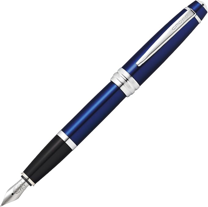 Cross Bailey Blue Lacquer Stainless Steel Medium Nib Fountain Pen - Professional Fountain Pen for Effortless Writing - Refillable - Black Ink - Gift-Ready