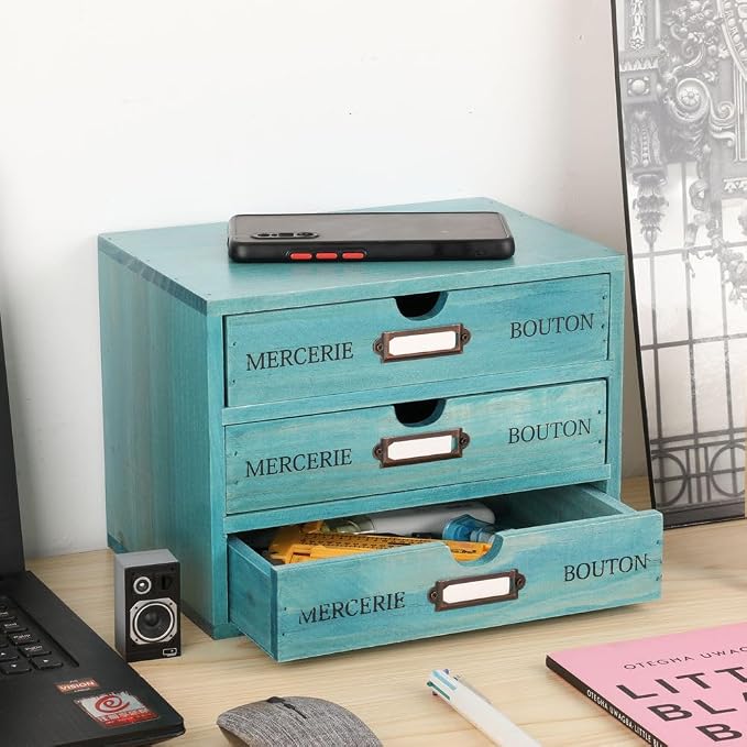 Small Wooden Drawers Wooden Box with Drawer Blue | 3 Drawer Storage Box for Apothecary Cabinet, Apothecary Drawers，Desktop Organizer with Metal Handles for Office，Home