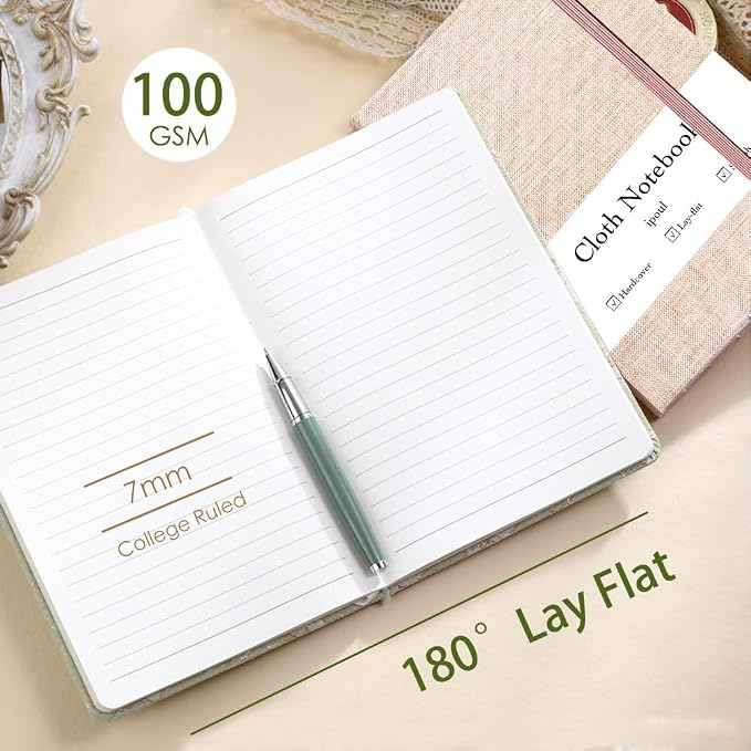 Linen Notebook, College Ruled, Hardcover, Lay Flat, B6, Small, 5x7, Thick, 100gsm, Green, Journal for Writing, Notebook for Work, Office