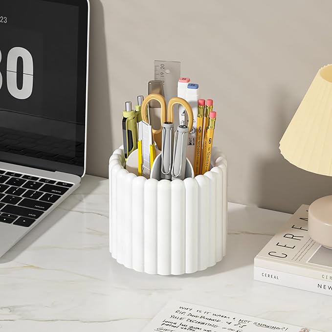 Rotating Makeup Brush Holder Organizer with Removable Dividers, White | 7 Slots Make Up Brush Organizer with Drawer 360 Spinning Cosmetic Storage Pen Holder for Desk, Vanity, Dresser