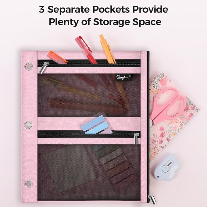 SKYDUE Pencil Pouch for Binder, Pencil Case, 3 Ring Binder Pencil Pouch with 3 Pockets and Mesh Window, Zipper Pencil Pouch, Durable Organizer for School Supplies, Cables, Earbuds, Makeup, Pink