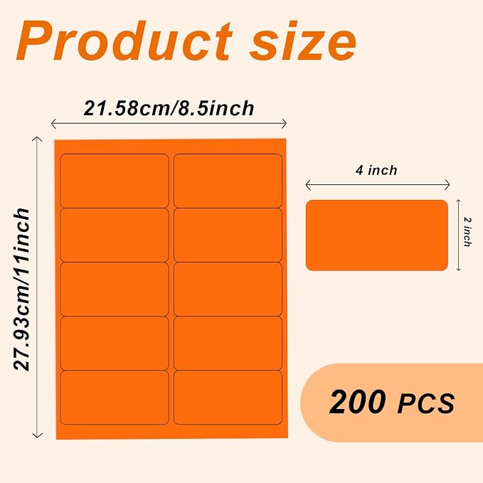 2" x 4" Colored Address Labels, 200 Bright Orange Label Stickers- Laser/Ink Jet Printer Mailing Labels, 8.5"x11" 20 per Sheet