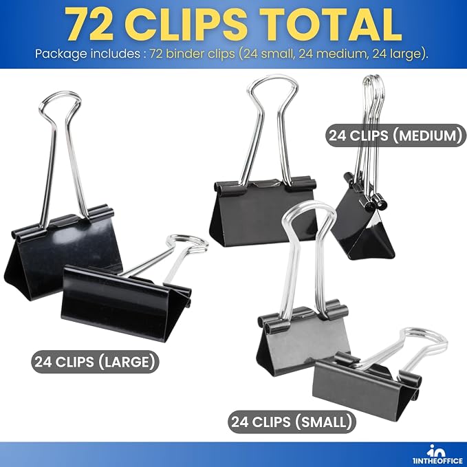1InTheOffice Binder Clips Assorted Sizes, Paper Clamps, Small 0.75", Medium 1.25", Large 2", Metal, 24 Clips/Size, Black, 72 Pack