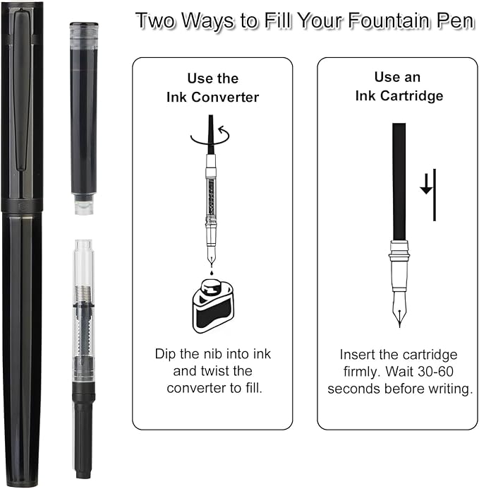 Fountain Pen Set, Elegant Executive Fine Nib Pen with Ink Converter, Refill Tool, Black & Assorted Cartridges, Bottled Ink, Gift for Journaling, Writing, Office and Beginners (All Black)